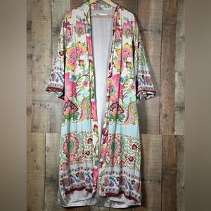 Zara XS Floral Long Kimono Robe Open Front Pockets Side Slits Lined Leisure